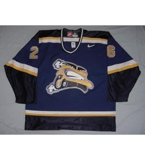 Custom WHL Saskatoon Blades 01 02 Adam Huxley Road Hockey Jersey Blue